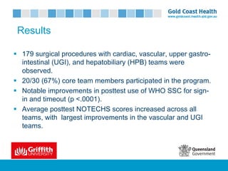 Results
§ 179 surgical procedures with cardiac, vascular, upper gastro-
intestinal (UGI), and hepatobiliary (HPB) teams were
observed.
§ 20/30 (67%) core team members participated in the program.
§ Notable improvements in posttest use of WHO SSC for sign-
in and timeout (p <.0001).
§ Average posttest NOTECHS scores increased across all
teams, with largest improvements in the vascular and UGI
teams.
 