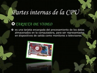 Partes internas de la CPU 
TARJETA DE VIDEO 
 es una tarjeta encargada del procesamiento de los datos 
almacenados en la computadora, para ser representados 
en dispositivos de salida como monitores o televisores. 
 