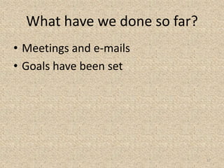 What have we done so far?
• Meetings and e-mails
• Goals have been set
12
 