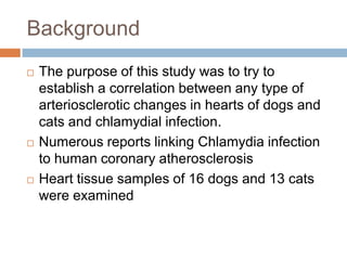 Background
   The purpose of this study was to try to
    establish a correlation between any type of
    arteriosclerotic changes in hearts of dogs and
    cats and chlamydial infection.
   Numerous reports linking Chlamydia infection
    to human coronary atherosclerosis
   Heart tissue samples of 16 dogs and 13 cats
    were examined
 