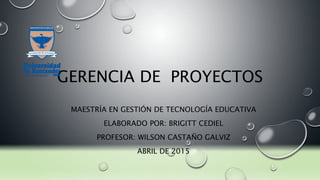 GERENCIA DE PROYECTOS
MAESTRÍA EN GESTIÓN DE TECNOLOGÍA EDUCATIVA
ELABORADO POR: BRIGITT CEDIEL
PROFESOR: WILSON CASTAÑO GALVIZ
ABRIL DE 2015
 