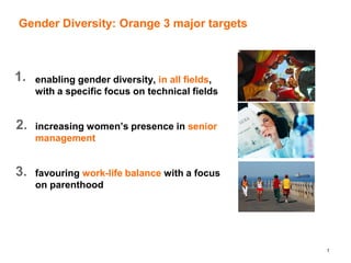 Gender Diversity: Orange 3 major targets



1.   enabling gender diversity, in all fields,
     with a specific focus on technical fields


2.   increasing women’s presence in senior
     management


3.   favouring work-life balance with a focus
     on parenthood




                                                 1
 