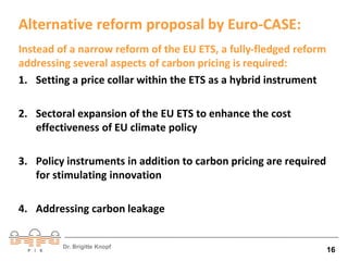 Alternative reform proposal by Euro-CASE: 
Instead of a narrow reform of the EU ETS, a fully-fledged reform 
addressing several aspects of carbon pricing is required: 
1. Setting a price collar within the ETS as a hybrid instrument 
2. Sectoral expansion of the EU ETS to enhance the cost 
effectiveness of EU climate policy 
3. Policy instruments in addition to carbon pricing are required 
for stimulating innovation 
4. Addressing carbon leakage 
Dr. Brigitte Knopf 16 
 