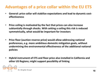 Advantages of a price collar within the EU ETS 
• General: price collar will stabilize expectations and lead to dynamic cost-effectiveness 
• Price ceiling is motivated by the fact that prices can also increase 
subtantially through shocks. With setting a ceiling this risk is reduced 
symmetrically, what would be important for investors 
• Price floor (auction reserve price) would allow addressing national 
preferences, e.g. more ambitious domestic mitigation goals, without 
undermining the environmental effectiveness of the additional national 
policies 
• Hybrid instrument of ETS and floor price also installed in California and 
other US Regions; might support possibility of linking 
Dr. Brigitte Knopf 18 
 