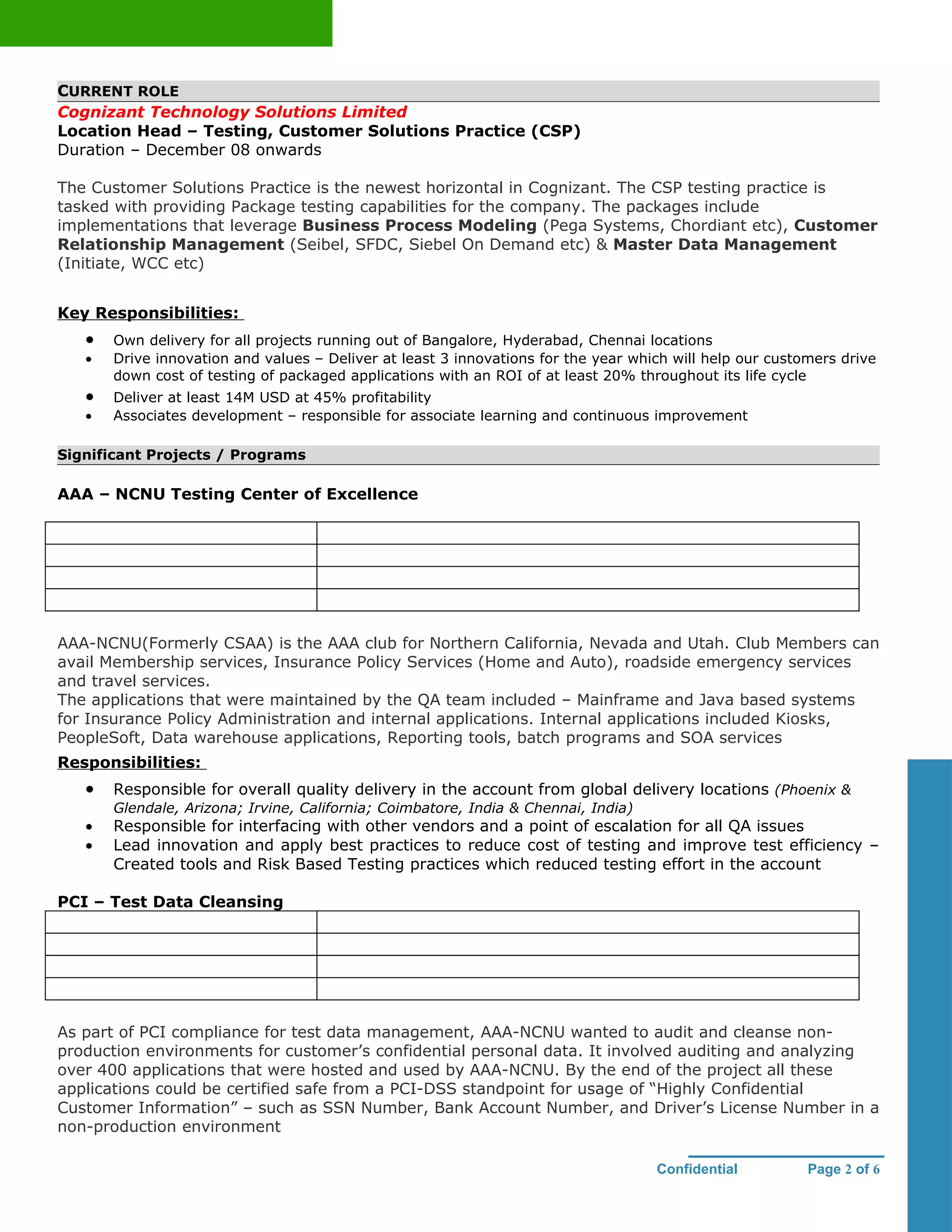 CURRENT ROLE
Cognizant Technology Solutions Limited
Location Head – Testing, Customer Solutions Practice (CSP)
Duration – December 08 onwards

The Customer Solutions Practice is the newest horizontal in Cognizant. The CSP testing practice is
tasked with providing Package testing capabilities for the company. The packages include
implementations that leverage Business Process Modeling (Pega Systems, Chordiant etc), Customer
Relationship Management (Seibel, SFDC, Siebel On Demand etc) & Master Data Management
(Initiate, WCC etc)


Key Responsibilities:
   •   Own delivery for all projects running out of Bangalore, Hyderabad, Chennai locations
   •   Drive innovation and values – Deliver at least 3 innovations for the year which will help our customers drive
       down cost of testing of packaged applications with an ROI of at least 20% throughout its life cycle
   •   Deliver at least 14M USD at 45% profitability
   •   Associates development – responsible for associate learning and continuous improvement

Significant Projects / Programs

AAA – NCNU Testing Center of Excellence




AAA-NCNU(Formerly CSAA) is the AAA club for Northern California, Nevada and Utah. Club Members can
avail Membership services, Insurance Policy Services (Home and Auto), roadside emergency services
and travel services.
The applications that were maintained by the QA team included – Mainframe and Java based systems
for Insurance Policy Administration and internal applications. Internal applications included Kiosks,
PeopleSoft, Data warehouse applications, Reporting tools, batch programs and SOA services
Responsibilities:
   •   Responsible for overall quality delivery in the account from global delivery locations (Phoenix &
       Glendale, Arizona; Irvine, California; Coimbatore, India & Chennai, India)
   •   Responsible for interfacing with other vendors and a point of escalation for all QA issues
   •   Lead innovation and apply best practices to reduce cost of testing and improve test efficiency –
       Created tools and Risk Based Testing practices which reduced testing effort in the account

PCI – Test Data Cleansing




As part of PCI compliance for test data management, AAA-NCNU wanted to audit and cleanse non-
production environments for customer’s confidential personal data. It involved auditing and analyzing
over 400 applications that were hosted and used by AAA-NCNU. By the end of the project all these
applications could be certified safe from a PCI-DSS standpoint for usage of “Highly Confidential
Customer Information” – such as SSN Number, Bank Account Number, and Driver’s License Number in a
non-production environment

                                                                                    Confidential          Page 2 of 6
 