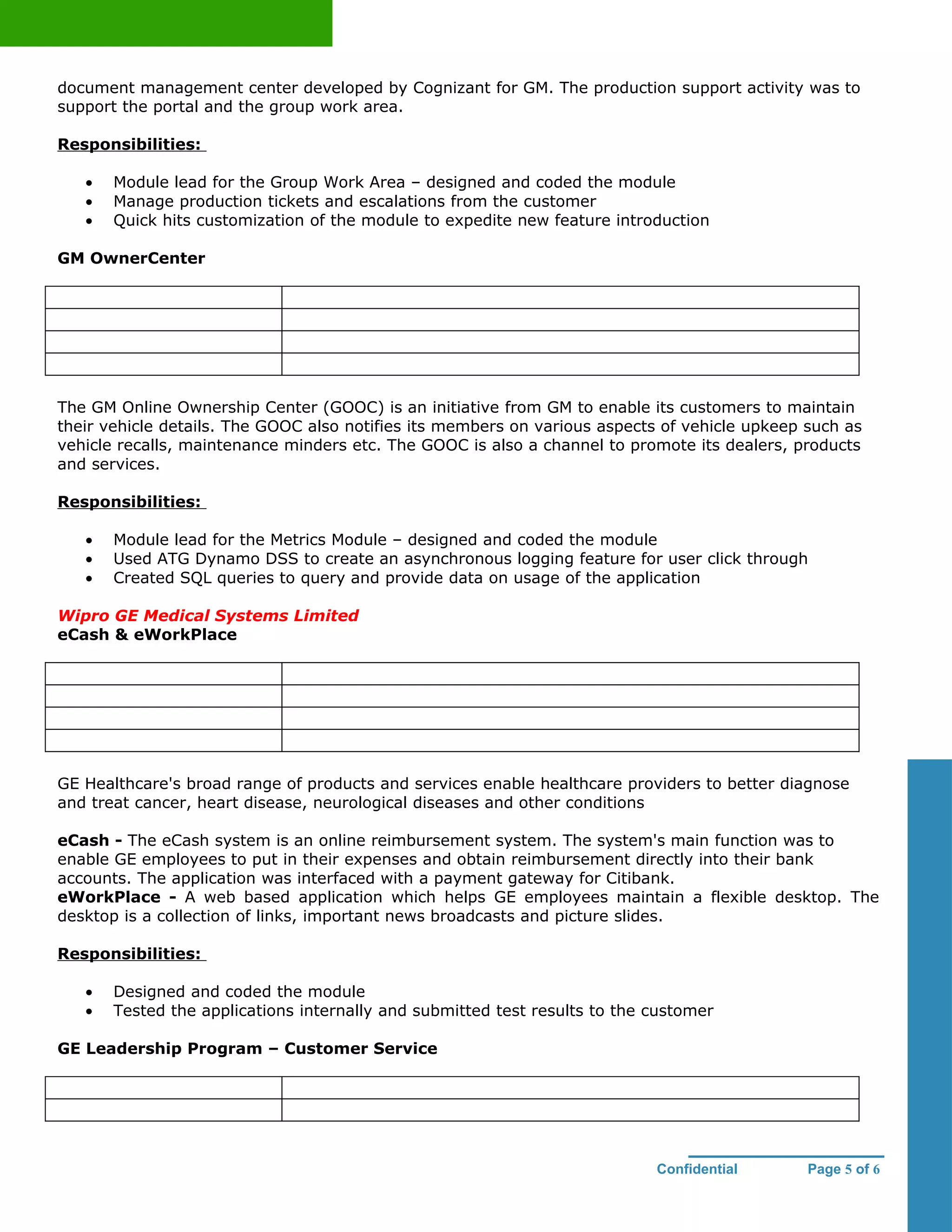 document management center developed by Cognizant for GM. The production support activity was to
support the portal and the group work area.

Responsibilities:

   •   Module lead for the Group Work Area – designed and coded the module
   •   Manage production tickets and escalations from the customer
   •   Quick hits customization of the module to expedite new feature introduction

GM OwnerCenter




The GM Online Ownership Center (GOOC) is an initiative from GM to enable its customers to maintain
their vehicle details. The GOOC also notifies its members on various aspects of vehicle upkeep such as
vehicle recalls, maintenance minders etc. The GOOC is also a channel to promote its dealers, products
and services.

Responsibilities:

   •   Module lead for the Metrics Module – designed and coded the module
   •   Used ATG Dynamo DSS to create an asynchronous logging feature for user click through
   •   Created SQL queries to query and provide data on usage of the application

Wipro GE Medical Systems Limited
eCash & eWorkPlace




GE Healthcare's broad range of products and services enable healthcare providers to better diagnose
and treat cancer, heart disease, neurological diseases and other conditions

eCash - The eCash system is an online reimbursement system. The system's main function was to
enable GE employees to put in their expenses and obtain reimbursement directly into their bank
accounts. The application was interfaced with a payment gateway for Citibank.
eWorkPlace - A web based application which helps GE employees maintain a flexible desktop. The
desktop is a collection of links, important news broadcasts and picture slides.

Responsibilities:

   •   Designed and coded the module
   •   Tested the applications internally and submitted test results to the customer

GE Leadership Program – Customer Service




                                                                            Confidential       Page 5 of 6
 