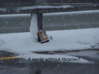 Image used under a CC licence from http://www.flickr.com/photos/lesleyhyphenanne/2573506227A world without libraries?