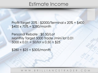 Estimate Income
W W W . B R I L L I A N C E T R A D E R . C O M
Profit Target 20% : $2000/Terminal x 20% = $400
$400 x 70% = $280/month
Personal Rebate : $0.50/Lot
Monthly Target 5000 Trade /mini lot 0.01
5000 x 0.01 = 50/lot x 0.50 = $25
$280 + $25 = $305/month
 