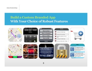 Auto	
  Dealerships




      Build a Custom Branded App
      With Your Choice of Robust Features




                         8
 