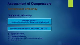 14
© UNEP 2006
Volumetric efficiency
D = Cylinder bore, meter
L = Cylinder stroke, meter
S = Compressor speed rpm
χ = 1 for single acting and 2 for double acting cylinders
n = No. of cylinders
Compressor Efficiency
Assessment of Compressors
Volumetric efficiency
= Free air delivered m3/min / Compressor displacement
Compressor displacement = Π x D2/4 x L x S x χ x n
 