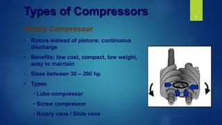 8
Screw compressor
• Rotors instead of pistons: continuous
discharge
• Benefits: low cost, compact, low weight,
easy to maintain
• Sizes between 30 – 200 hp
• Types
• Lobe compressor
• Screw compressor
• Rotary vane / Slide vane
Rotary Compressor
Types of Compressors
 