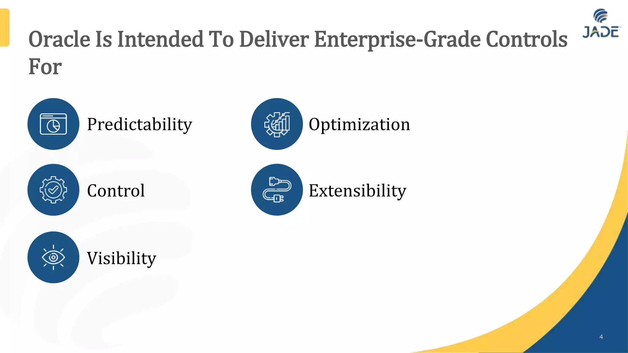 Oracle Is Intended To Deliver Enterprise-Grade Controls
For
4
Predictability
Control
Visibility
Optimization
Extensibility
 