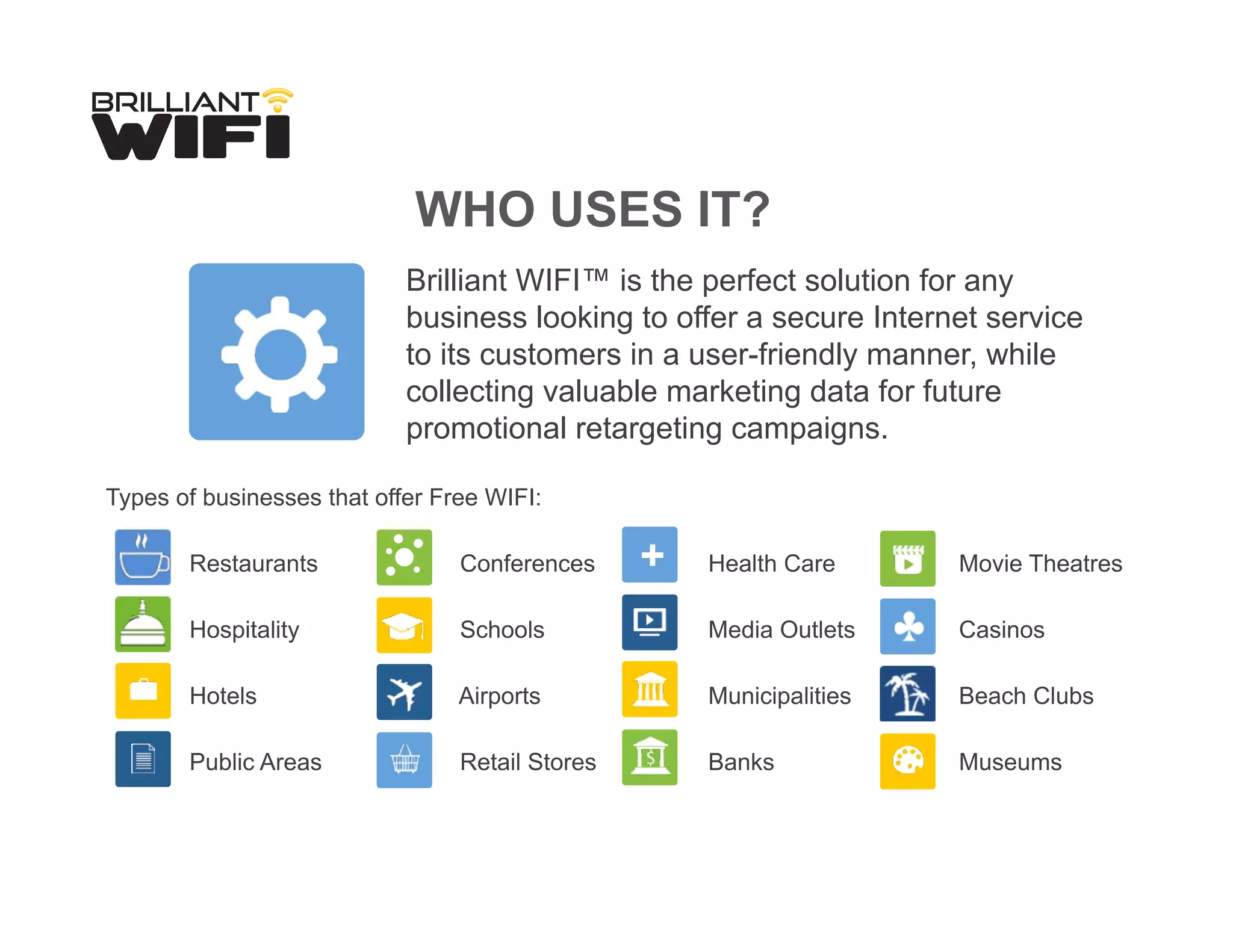 WHO USES IT?
Brilliant WIFI™ is the perfect solution for any
business looking to offer a secure Internet service
to its customers in a user-friendly manner, while
collecting valuable marketing data for future
promotional retargeting campaigns.
Types of businesses that offer Free WIFI:
Restaurants Conferences Health Care Movie Theatres
Hospitality Schools Media Outlets Casinos
Hotels Airports Municipalities Beach Clubs
Public Areas Retail Stores Banks Museums
+
 