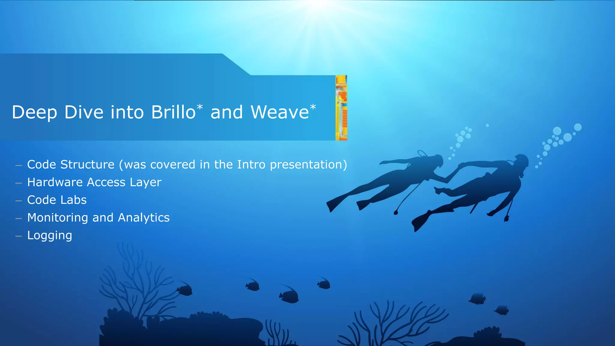 Deep Dive into Brillo* and Weave*
– Code Structure (was covered in the Intro presentation)
– Hardware Access Layer
– Code Labs
– Monitoring and Analytics
– Logging
 