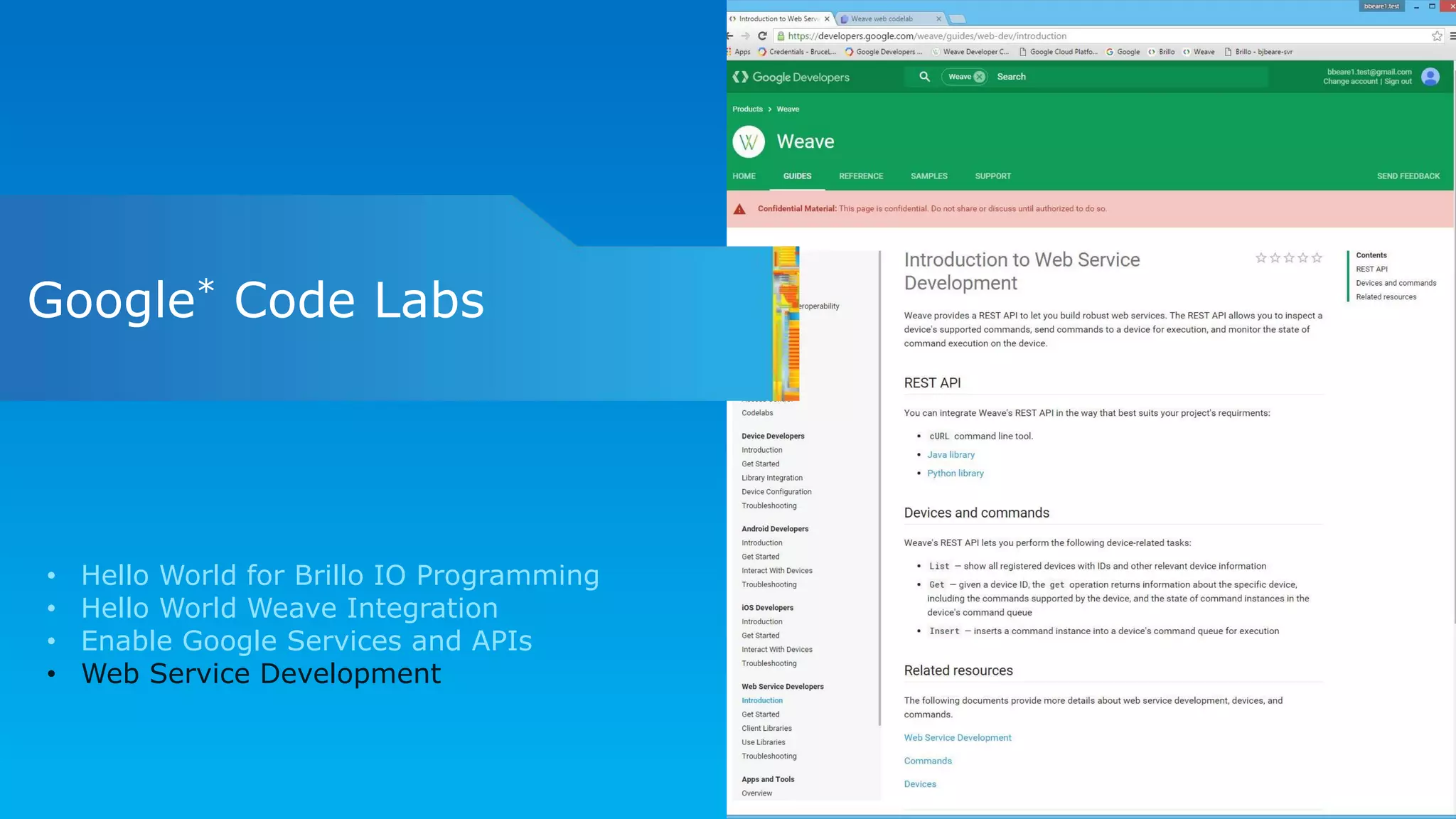 Google* Code Labs
• Hello World for Brillo IO Programming
• Hello World Weave Integration
• Enable Google Services and APIs
• Web Service Development
 