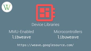 Device Libraries
libweave
MMU-Enabled
libuweave
Microcontrollers
https://weave.googlesource.com/
 