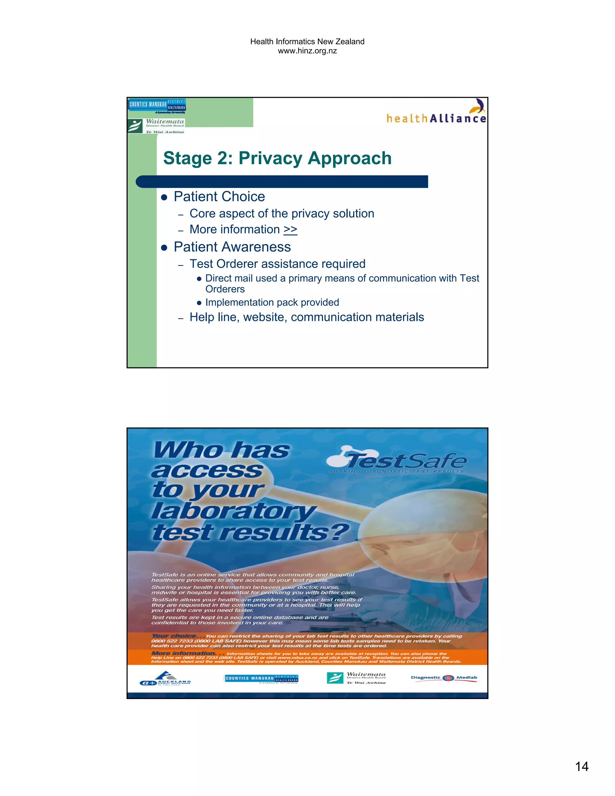 Health Informatics New Zealand
                        www.hinz.org.nz




Stage 2: Privacy Approach

 Patient Choice
 –   Core aspect of the privacy solution
 –   More information >>
 Patient Awareness
 –   Test Orderer assistance required
       Direct mail used a primary means of communication with Test
       Orderers
       Implementation pack provided
 –   Help line, website, communication materials




                                                                     14
 