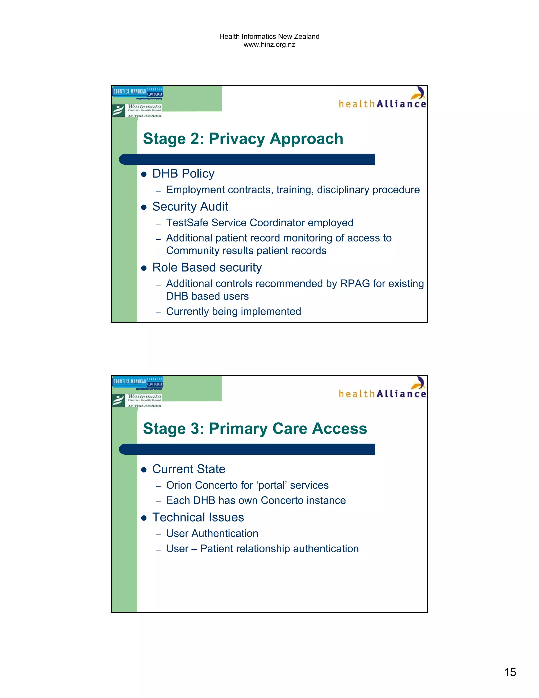 Health Informatics New Zealand
                        www.hinz.org.nz




Stage 2: Privacy Approach

 DHB Policy
 –   Employment contracts, training, disciplinary procedure
 Security Audit
 –   TestSafe Service Coordinator employed
 –   Additional patient record monitoring of access to
     Community results patient records
 Role Based security
 –   Additional controls recommended by RPAG for existing
     DHB based users
 –   Currently being implemented




Stage 3: Primary Care Access

 Current State
 –   Orion Concerto for ‘portal’ services
 –   Each DHB has own Concerto instance
 Technical Issues
 –   User Authentication
 –   User – Patient relationship authentication




                                                              15
 