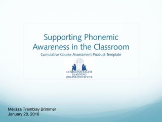 Supporting Phonemic
Awareness in the Classroom
Cumulative Course Assessment Product Template
Melissa Tremblay Brimmer
January 28, 2016
 