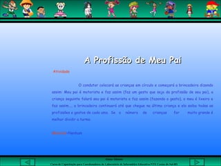 Aluna: Silsiane
Curso de Capacitação para Coordenadores de Laboratório de Informática Educativa-NTE Caxias do Sul-RS
A Profissão de Meu PaiA Profissão de Meu Pai
Atividade
O condutor colocará as crianças em círculo e começará a brincadeira dizendo
assim: Meu pai é motorista e faz assim (faz um gesto que seja da profissão de seu pai), a
criança seguinte falará seu pai é motorista e faz assim (fazendo o gesto), o meu é lixeiro e
faz assim..., a brincadeira continuará até que chegue na última criança e ela saiba todas as
profissões e gestos de cada uma. Se o número de crianças for muito grande é
melhor dividir a turma.
Material=Nenhum
 