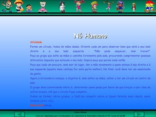 Aluna: Silsiane
Curso de Capacitação para Coordenadores de Laboratório de Informática Educativa-NTE Caxias do Sul-RS
Nó HumanoNó Humano
Atividade
Forme um círculo, todos de mãos dadas. Oriente cada um para observar bem que está a seu lado
direito e a seu lado esquerdo - "Não pode esquecer, nem trocar!".
Peça ao grupo que solte as mãos e caminhe livremente pela sala, procurando cumprimentar pessoas
diferentes daquelas que estavam a seu lado. Depois peça que parem onde estão.
Peça que cada um procure, sem sair do lugar, dar a mão novamente a quem estava à sua direita e à
sua esquerda (quanto mais confusa for esta parte melhor). No final, você deve ter um amontoado
de gente.
Agora a brincadeira começa: o objetivo é, sem soltar as mãos, voltar a ter um círculo no centro da
sala.
O grupo deve conversando entre si, determinar quem passa por baixo de que braços, e por cima de
outros braços, até que o círculo fique completo.
Podem se formar vários grupos, e fazê-los competir entre si (quem termina mais rápido, quem
termina certo, etc).
Material:Nenhum.
 
 