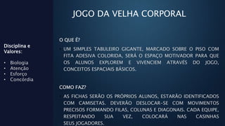 JOGO DA VELHA CORPORAL
O QUE É?
• UM SIMPLES TABULEIRO GIGANTE, MARCADO SOBRE O PISO COM
FITA ADESIVA COLORIDA, SERÁ O ESPAÇO MOTIVADOR PARA QUE
OS ALUNOS EXPLOREM E VIVENCIEM ATRAVÉS DO JOGO,
CONCEITOS ESPACIAIS BÁSICOS.
COMO FAZ?
• AS FICHAS SERÃO OS PRÓPRIOS ALUNOS, ESTARÃO IDENTIFICADOS
COM CAMISETAS. DEVERÃO DESLOCAR-SE COM MOVIMENTOS
PRECISOS FORMANDO FILAS, COLUNAS E DIAGONAIS. CADA EQUIPE,
RESPEITANDO SUA VEZ, COLOCARÁ NAS CASINHAS
SEUS JOGADORES.
Disciplina e
Valores:
• Biologia
• Atenção
• Esforço
• Concórdia
 