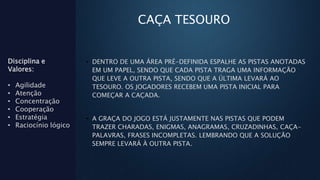 CAÇA TESOURO
• DENTRO DE UMA ÁREA PRÉ-DEFINIDA ESPALHE AS PISTAS ANOTADAS
EM UM PAPEL, SENDO QUE CADA PISTA TRAGA UMA INFORMAÇÃO
QUE LEVE A OUTRA PISTA, SENDO QUE A ÚLTIMA LEVARÁ AO
TESOURO. OS JOGADORES RECEBEM UMA PISTA INICIAL PARA
COMEÇAR A CAÇADA.
• A GRAÇA DO JOGO ESTÁ JUSTAMENTE NAS PISTAS QUE PODEM
TRAZER CHARADAS, ENIGMAS, ANAGRAMAS, CRUZADINHAS, CAÇA-
PALAVRAS, FRASES INCOMPLETAS. LEMBRANDO QUE A SOLUÇÃO
SEMPRE LEVARÁ À OUTRA PISTA.
Disciplina e
Valores:
• Agilidade
• Atenção
• Concentração
• Cooperação
• Estratégia
• Raciocínio lógico
 