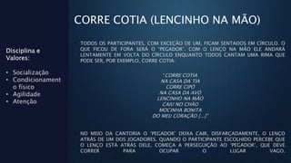 CORRE COTIA (LENCINHO NA MÃO)
• TODOS OS PARTICIPANTES, COM EXCEÇÃO DE UM, FICAM SENTADOS EM CÍRCULO. O
QUE FICOU DE FORA SERÁ O ‘PEGADOR’. COM O LENÇO NA MÃO ELE ANDARÁ
LENTAMENTE EM VOLTA DO CÍRCULO ENQUANTO TODOS CANTAM UMA RIMA QUE
PODE SER, POR EXEMPLO, CORRE COTIA:
“CORRE COTIA
NA CASA DA TIA
CORRE CIPÓ
NA CASA DA AVÓ
LENCINHO NA MÃO
CAIU NO CHÃO
MOCINHA BONITA
DO MEU CORAÇÃO [...]”
• NO MEIO DA CANTORIA O ‘PEGADOR’ DEIXA CAIR, DISFARÇADAMENTE, O LENÇO
ATRÁS DE UM DOS JOGADORES. QUANDO O PARTICIPANTE ESCOLHIDO PERCEBE QUE
O LENÇO ESTÁ ATRÁS DELE, COMEÇA A PERSEGUIÇÃO AO ‘PEGADOR’, QUE DEVE
CORRER PARA OCUPAR O LUGAR VAGO.
Disciplina e
Valores:
• Socialização
• Condicionament
o físico
• Agilidade
• Atenção
 