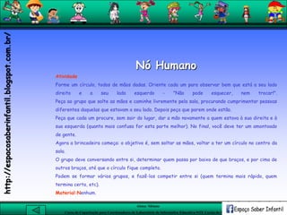Aluna: Silsiane
Curso de Capacitação para Coordenadores de Laboratório de Informática Educativa-NTE Caxias do Sul-RS
Nó Humano
Atividade
Forme um círculo, todos de mãos dadas. Oriente cada um para observar bem que está a seu lado
direito e a seu lado esquerdo - "Não pode esquecer, nem trocar!".
Peça ao grupo que solte as mãos e caminhe livremente pela sala, procurando cumprimentar pessoas
diferentes daquelas que estavam a seu lado. Depois peça que parem onde estão.
Peça que cada um procure, sem sair do lugar, dar a mão novamente a quem estava à sua direita e à
sua esquerda (quanto mais confusa for esta parte melhor). No final, você deve ter um amontoado
de gente.
Agora a brincadeira começa: o objetivo é, sem soltar as mãos, voltar a ter um círculo no centro da
sala.
O grupo deve conversando entre si, determinar quem passa por baixo de que braços, e por cima de
outros braços, até que o círculo fique completo.
Podem se formar vários grupos, e fazê-los competir entre si (quem termina mais rápido, quem
termina certo, etc).
Material:Nenhum.
http://espacosaberinfantil.blogspot.com.br/
 