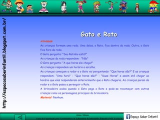 Aluna: Silsiane
Curso de Capacitação para Coordenadores de Laboratório de Informática Educativa-NTE Caxias do Sul-RS
Gato e Rato
Atividade
As crianças formam uma roda. Uma delas, o Rato, fica dentro da roda. Outra, o Gato
fica fora da roda.
O Gato pergunta: "Seu Ratinho está?"
As crianças da roda respondem : "Não"
O Gato pergunta: "A que horas ele chega?"
As crianças respondem um horário a escolha.
As crianças começam a rodar e o Gato vai perguntando: "Que horas são?" E as crianças
respondem: "Uma hora" - "Que horas são?" - "Duas Horas" e assim até chegar ao
horário que elas responderam anteriormente que o Rato chegaria. As crianças param de
rodar e o Gato passa a perseguir o Rato.
A brincadeira acaba quando o Gato pega o Rato e pode-se recomeçar com outras
crianças como os personagens principais da brincadeira.
Material: Nenhum.
http://espacosaberinfantil.blogspot.com.br/
 