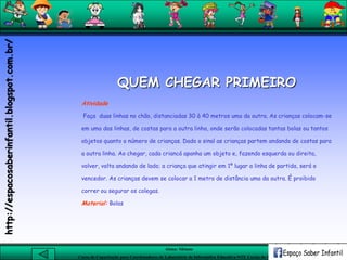 Aluna: Silsiane
Curso de Capacitação para Coordenadores de Laboratório de Informática Educativa-NTE Caxias do Sul-RS
QUEM CHEGAR PRIMEIRO
Atividade
Faça duas linhas no chão, distanciadas 30 à 40 metros uma da outra. As crianças colocam-se
em uma das linhas, de costas para a outra linha, onde serão colocadas tantas bolas ou tantos
objetos quanto o número de crianças. Dado o sinal as crianças partem andando de costas para
a outra linha. Ao chegar, cada criancá apanha um objeto e, fazendo esquerda ou direita,
volver, volta andando de lado; a criança que atingir em 1º lugar a linha de partida, será o
vencedor. As crianças devem se colocar a 1 metro de distância uma da outra. É proibido
correr ou segurar os colegas.
Material: Bolas
http://espacosaberinfantil.blogspot.com.br/
 