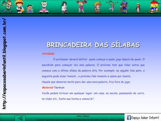 Aluna: Silsiane
Curso de Capacitação para Coordenadores de Laboratório de Informática Educativa-NTE Caxias do Sul-RS
BRINCADEIRA DAS SÍLABAS
Atividade
O professor deverá definir quem começa e quem joga depois de quem. O
escolhido para começar diz uma palavra. O próximo tem que falar outra que
comece com a última sílaba da palavra dita. Por exemplo: se alguém fala pato, o
seguinte pode dizer tomate , o próximo fala tenente e assim por diante.
Aquele que demorar muito para dar uma nova palavra, fica fora do jogo.
Material: Nenhum
Vocês podem brincar em qualquer lugar: em casa, na escola, passeando de carro,
no clube etc. Junte sua turma e vamos lá !
http://espacosaberinfantil.blogspot.com.br/
 