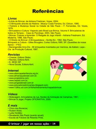 Referências
Livros
● A Arte de Brincar, de Adriana Friedman, Vozes, 2004;
● O Brinquedo através da História - Moacyr Costa Ferreira, Ed. Edicon, 1990;
● Folclore e Mudança Social na Cidade de São Paulo – F. Fernandes, Ed. Vozes,
1979;
● Brincadeira e Cultura: Viajando pelo Brasil que Brinca, Volume II: Brincadeiras de
todos os Tempos - Casa do Psicólogo, 2003, São Paulo;
● Brincar, Crescer e Aprender: O Resgate do Jogo Infantil – Adriana Friedmann, Ed.
Moderna, 1996, São Paulo;
● O Direito de Brincar: A Brinquedoteca – Scritta Ed., 1992, São Paulo;
Brinquedo e Cultura - Gilles Brougère, Cortez Editora,1995, SP. (Questões da nossa
época – nº43);
● Barangandão Arco-Íris - 36 brinquedos inventados por meninos, de Adelsin, Lapa -
Cia. de Produção Cultural, 1997.
Revistas
● Crescer, Editora Globo;
● Recreio, Editora Abril;
● E, SESC SP;
● Nova Escola, Editora Abril.
Internet
● www.aliancapelainfancia.org.br;
● www.almanaquebrasil.com.br;
● www.projetobira.com;
● www.nepsid.com.br;
● www.jangadabrasil.com.br
● www.educadoresbrincantes.blogspot.com;
● www1.folha.uol.com.br/folha/treinamento/mapadobrincar.
Vídeos
● Molecagem, brincadeiras de rua, Núcleo de Animação de Campinas, 1991;
● Brincar & Jogar, Projeto OFICINATIVA, 2009.
E mais
● Chico dos Bonecos;
● Rubem Alves;
● Lydia Hortélio;
● Revelando São Paulo (evento anual);
● Escola de Folclore de Ribeirão Pires.
O brincar / jogar em nossas ações – 14
 