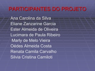 PARTICIPANTES DO PROJETO
Ana Carolina da Silva
Eliane Zanzarine Garcia
Ester Almeida de Oliveira
Lucimara de Paula Ribeiro
Marly de Melo Vieira
Oédes Almeida Costa
Renata Camila Carvalho
Silvia Cristina Camiloti
 