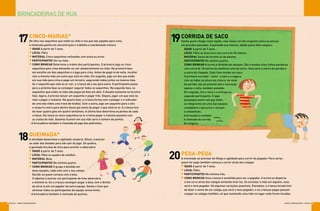 BRINCADEIRAS DE RUA
ESCOLA q JOGOS E BRINCADEIRAS18
19CORRIDA DE SACO*
Ganha quem chegar mais rápido, mas nessa corrida ninguém estica as pernas
em grandes passadas. A garotada sua mesmo, dando pulos feito canguru
x IDADE A partir de 7 anos.
x LOCAL Pátio ou área livre com cerca de 20 metros.
x MATERIAL Sacos de farinha ou de batatas.
x PARTICIPANTES No mínimo quatro.
x COMO BRINCAR A turma é dividida em equipes. São traçadas duas linhas paralelas
com cerca de 18 metros de distância uma da outra. Uma será a marca da partida e
a outra da chegada. Cada time recebe um saco.
O primeiro corredor “veste” o saco e o segura
com as mãos na altura da cintura. Ao sinal
de partida, ele sai pulando até a marcação
oposta e volta, também pulando.
Em seguida, tira o saco e o entrega ao
segundo participante. O jogo
prossegue assim até que todos
os integrantes de uma das equipes
completem o percurso e vençam
a competição.
* A brincadeira também
é chamada de corrida
do canguru.
17CINCO-MARIAS*
De olho nos saquinhos que estão no chão e nos que são jogados para cima,
a molecada ganha em concentração e trabalha a coordenação motora
x IDADE A partir de 7 anos.
x LOCAL Pátio.
x MATERIAL Cinco saquinhos recheados com areia ou arroz.
x PARTICIPANTES Um ou mais.
x COMO BRINCAR Determine a ordem dos participantes. O primeiro joga os cinco
saquinhos para cima deixando-os cair aleatoriamente no chão. Na primeira fase,
ele escolhe um dos saquinhos e o joga para cima. Antes de pegá-lo de volta, recolhe
com a mesma mão um outro que está no chão. Em seguida, joga um dos que estão
em sua mão para cima e pega um terceiro, segurando todos juntos na mesma mão.
Se o saquinho que está no ar cair, a criança dá a vez para outra. O participante passa
para a próxima fase se conseguir segurar todos os saquinhos. Na segunda fase, os
saquinhos que estão no chão são pegos de dois em dois. O desafio aumenta na terceira
fase. Agora, é preciso lançar um saquinho e pegar três. Depois, jogar um que está na
mão e pegar o restante. Na quarta fase, a criança forma com o polegar e o indicador
de uma das mãos uma trave de futebol. Com a outra, joga um saquinho para o alto
e empurra outro para dentro desse gol antes de pegar o que está no ar. A criança tem
de fazer quatro gols em quatro tentativas. A última fase determina os pontos de cada
criança. Ela lança os cinco saquinhos ao ar e tenta pegar o máximo possível com
as costas da mão. Quantos ficarem em sua mão será o número de pontos.
* A brincadeira também é chamada de jogo das pedrinhas.
20PEGA-PEGA
A meninada vai precisar de fôlego e agilidade para correr do pegador. Para variar,
quem for pego também começa a correr atrás dos colegas
x IDADE A partir de 7 anos.
x LOCAL Pátio.
x PARTICIPANTES No mínimo três.
x COMO BRINCAR Uma criança é escolhida para ser o pegador. A turma se dispersa
e ela corre atrás dos colegas tentando tocá-los. Se encostar a mão em alguém, esse
será o novo pegador. Há algumas variações possíveis. Exemplos: a criança tocada tem
de dizer o nome de um colega, que será o novo pegador; e as crianças pegas passam
a pegar os colegas também, só que mantendo uma mão no lugar onde foram tocadas.
18QUEIMADA*
A atividade desenvolve a agilidade corporal. Afinal, é preciso
se safar das boladas para não sair do jogo. De quebra,
a garotada fica boa de mira para acertar o adversário
x IDADE A partir de 7 anos.
x LOCAL Pátio ou quadra de voleibol.
x MATERIAL Bola.
x PARTICIPANTES No mínimo quatro.
x COMO BRINCAR O grupo é dividido em
duas equipes, cada uma com o seu campo.
Decide-se quem começa com a bola.
O objetivo é acertar um participante do time adversário
e eliminá-lo. Se a criança conseguir pegar a bola, tem o direito
de atirá-la em um jogador da outra equipe. Ganha o time que
eliminar todos os participantes da equipe concorrente.
* A brincadeira também é chamada de queima.
JOGOS E BRINCADEIRAS q ESCOLA 19
 