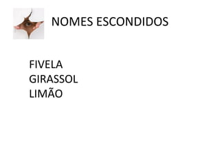 NOMES ESCONDIDOS 
FIVELA 
GIRASSOL 
LIMÃO 
 