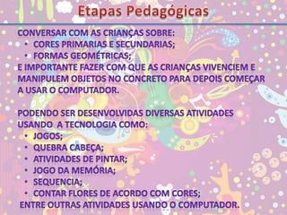 Etapas PedagógicasConversar com as crianças sobre:Cores primarias e secundarias;