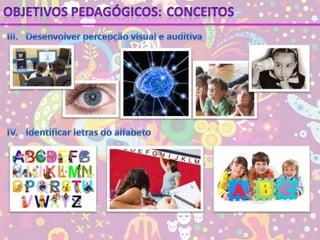 Objetivos pedagógicos:ConceitosIII.	Desenvolver percepção visual e auditivaIV.	Identificar letras do alfabeto