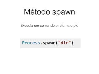 Método spawn
Executa um comando e retorna o pid
 