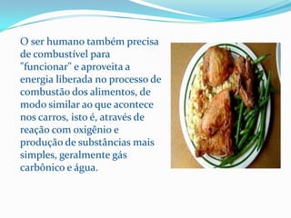 O ser humano também precisa
de combustível para
"funcionar" e aproveita a
energia liberada no processo de
combustão dos alimentos, de
modo similar ao que acontece
nos carros, isto é, através de
reação com oxigênio e
produção de substâncias mais
simples, geralmente gás
carbônico e água.
 