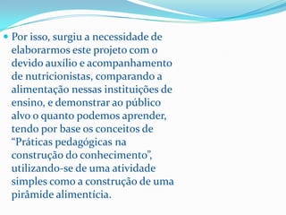  Por isso, surgiu a necessidade de
 elaborarmos este projeto com o
 devido auxílio e acompanhamento
 de nutricionistas, comparando a
 alimentação nessas instituições de
 ensino, e demonstrar ao público
 alvo o quanto podemos aprender,
 tendo por base os conceitos de
 “Práticas pedagógicas na
 construção do conhecimento”,
 utilizando-se de uma atividade
 simples como a construção de uma
 pirâmide alimentícia.
 