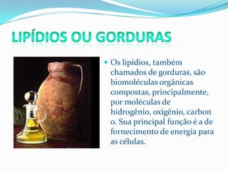  Os lipídios, também
 chamados de gorduras, são
 biomoléculas orgânicas
 compostas, principalmente,
 por moléculas de
 hidrogênio, oxigênio, carbon
 o. Sua principal função é a de
 fornecimento de energia para
 as células.
 