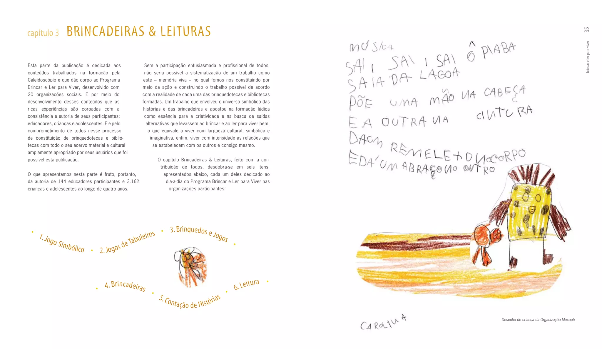 BRINCADEIRAS & LEITuRAS




                                                                                                                                                                                         35
capítulo 3




                                                                                                                                                                                         brincar e ler para viver
Esta parte da publicação é dedicada aos                         Sem a participação entusiasmada e profissional de todos,
conteúdos trabalhados na formação pela                          não seria possível a sistematização de um trabalho como
Caleidoscópio e que dão corpo ao Programa                      este – memória viva – no qual fomos nos constituindo por
Brincar e Ler para Viver, desenvolvido com                     meio da ação e construindo o trabalho possível de acordo
20 organizações sociais. É por meio do                         com a realidade de cada uma das brinquedotecas e bibliotecas
desenvolvimento desses conteúdos que as                        formadas. Um trabalho que envolveu o universo simbólico das
ricas experiências são coroadas com a                          histórias e das brincadeiras e apostou na formação lúdica
consistência e autoria de seus participantes:                   como essência para a criatividade e na busca de saídas
educadores, crianças e adolescentes. E é pelo                   alternativas que levassem ao brincar e ao ler para viver bem,
comprometimento de todos nesse processo                          o que equivale a viver com largueza cultural, simbólica e
de constituição de brinquedotecas e biblio­                       imaginativa, enfim, viver com intensidade as relações que
tecas com todo o seu acervo material e cultural                    se estabelecem com os outros e consigo mesmo.
amplamente apropriado por seus usuários que foi
possível esta publicação.                                             O capítulo Brincadeiras & Leituras, feito com a con­
                                                                       tribui ção de todos, desdobra­se em seis itens,
O que apresentamos nesta parte é fruto, portanto,                       apresentados abaixo, cada um deles dedicado ao
da autoria de 144 educadores participantes e 3.162                        dia­a­dia do Programa Brincar e Ler para Viver nas
crianças e adolescentes ao longo de quatro anos.                           organizações participantes:




                                                                         3. Br inque dos e J
 •
     1. Jo                                                    uleir os •                     ogo
             go S                                    Ta   b                                                    s
                    imbóli                      s de                                                                   •
                             co • 2 . J o g o



                                         B r i n c a d e i ra                                                                    i t u ra •
                                    • 4.                      s •                                                          6. Le
                                                                                                                   •
                                                                      5. C                                 s
                                                                          o nt a ç ã
                                                                                       o de His   tó r i a
                                                                                                                                              Desenho de criança da Organização Mocaph
 