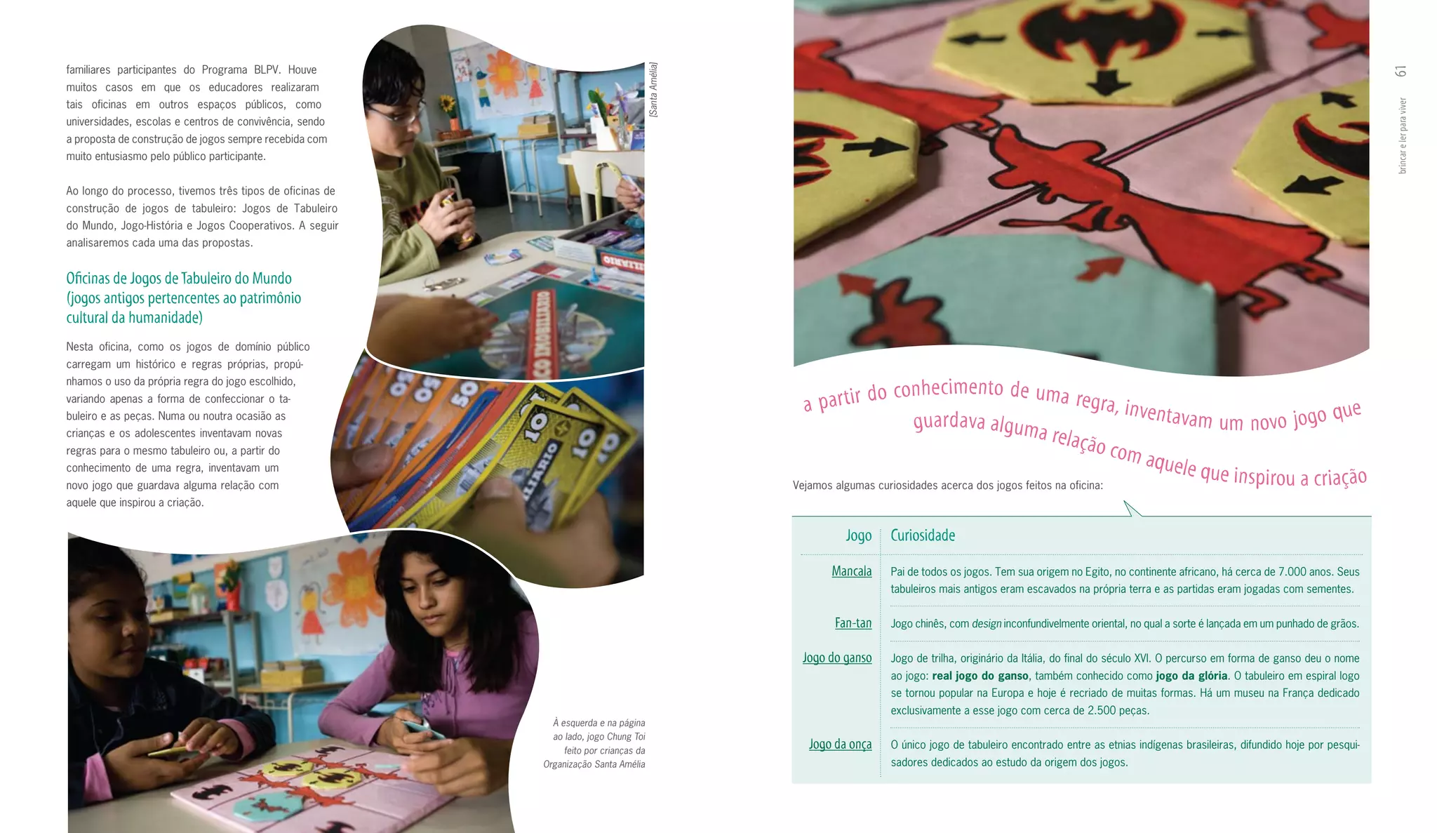 [Santa Amélia]
familiares participantes do Programa BLPV. Houve




                                                                                                                                                                                                                                    61
muitos casos em que os educadores realizaram
tais oficinas em outros espaços públicos, como




                                                                                                                                                                                                                                    brincar e ler para viver
universidades, escolas e centros de convivência, sendo
a proposta de construção de jogos sempre recebida com
muito entusiasmo pelo público participante.


Ao longo do processo, tivemos três tipos de oficinas de
construção de jogos de tabuleiro: Jogos de Tabuleiro
do Mundo, Jogo­História e Jogos Cooperativos. A seguir
analisaremos cada uma das propostas.


Oficinas de Jogos de Tabuleiro do mundo
(jogos antigos pertencentes ao patrimônio
cultural da humanidade)
Nesta oficina, como os jogos de domínio público
carregam um histórico e regras próprias, propú­

                                                                                                                             o n h e c i m e n t o d e u m a re g
nhamos o uso da própria regra do jogo escolhido,
                                                                                                                      oc
variando apenas a forma de confeccionar o ta­
                                                                                                          a par tir d                                                   r a , i nve n
                                                                                                                                                                                      t a va m u m n o v o j o g o q u e
buleiro e as peças. Numa ou noutra ocasião as
                                                                                                                                g u a r d a va a l g u m a
crianças e os adolescentes inventavam novas                                                                                                                 re l a ç ã o
regras para o mesmo tabuleiro ou, a partir do                                                                                                                             co m a q
conhecimento de uma regra, inventavam um                                                                                                                                             uele que
novo jogo que guardava alguma relação com                                                               Vejamos algumas curiosidades acerca dos jogos feitos na oficina:
                                                                                                                                                                                                 inspirou a cr iação
aquele que inspirou a criação.


                                                                                                                  Jogo     Curiosidade

                                                                                                               mancala     Pai de todos os jogos. Tem sua origem no Egito, no continente africano, há cerca de 7.000 anos. Seus
                                                                                                                           tabuleiros mais antigos eram escavados na própria terra e as partidas eram jogadas com sementes.


                                                                                                                Fan-tan    Jogo chinês, com design inconfundivelmente oriental, no qual a sorte é lançada em um punhado de grãos.


                                                                                                         Jogo do ganso     Jogo de trilha, originário da Itália, do final do século XVI. O percurso em forma de ganso deu o nome
                                                                                                                           ao jogo: real	jogo	do	ganso, também conhecido como jogo	da	glória. O tabuleiro em espiral logo
                                                                                                                           se tornou popular na Europa e hoje é recriado de muitas formas. Há um museu na França dedicado
                                                                                                                           exclusivamente a esse jogo com cerca de 2.500 peças.
                                                            À esquerda e na página
                                                            ao lado, jogo Chung Toi
                                                               feito por crianças da
                                                                                                           Jogo da onça    O único jogo de tabuleiro encontrado entre as etnias indígenas brasileiras, difundido hoje por pesqui­
                                                          Organização Santa Amélia                                         sadores dedicados ao estudo da origem dos jogos.
 