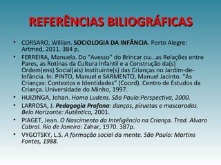 REFERÊNCIAS BILIOGRÁFICASREFERÊNCIAS BILIOGRÁFICAS
• CORSARO, Willian. SOCIOLOGIA DA INFÂNCIA. Porto Alegre:
Artmed, 2011. 384 p.
• FERREIRA, Manuela. Do “Avesso” do Brincar ou...as Relações entre
Pares, as Rotinas da Cultura Infantil e a Construção da(s)
Ordem(ens) Social(ais) Instituinte(s) das Crianças no Jardim-de-
Infância. In: PINTO, Manuel e SARMENTO, Manuel Jacinto. “As
Crianças: Contextos e Identidades” (Coord). Centro de Estudos da
Criança. Universidade do Minho, 1997.
• HUIZINGA, Johan. Homo Ludens. São Paulo:Perspectiva, 2000.
• LARROSA, J. Pedagogia Profana: danças, piruetas e mascaradas.
Belo Horizonte: Autêntica, 2001.
• PIAGET, Jean. O Nascimento da Inteligência na Criança. Trad. Alvaro
Cabral. Rio de Janeiro: Zahar, 1970. 387p.
• VYGOTSKY, L.S. A formação social da mente. São Paulo: Martins
Fontes, 1988.
 