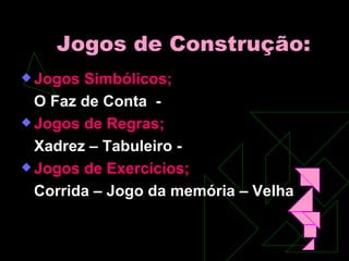Jogos de Construção: Jogos Simbólicos; O Faz de Conta  -  Jogos de Regras; Xadrez – Tabuleiro -  Jogos de Exercícios; Corrida – Jogo da memória – Velha  