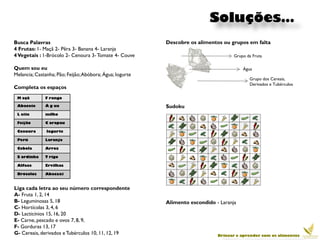 Soluções…
Busca Palavras                                            Descobre os alimentos ou grupos em falta
4 Frutas: 1- Maçã 2- Pêra 3- Banana 4- Laranja
4 Vegetais : 1-Brócolo 2- Cenoura 3- Tomate 4- Couve                                 Grupo da Fruta

Quem sou eu                                                                              Água
Melancia; Castanha; Pão; Feijão; Abóbora; Água; Iogurte
                                                                                            Grupo dos Cereais,
                                                                                            Derivados e Tubérculos
Completa os espaços
 M açã        F rango

 Abacate      Á g ua                                      Sudoku
 L eite       milho

 Feijão       C arapau

 Cenoura       Iogurte

 Perú         Laranja

 Cebola       Arroz

 S ardinha    T rigo

 Alface       Ervilhas

 Brócolos     Abacaxi



Liga cada letra ao seu número correspondente
A- Fruta 1, 2, 14
B- Leguminosas 5, 18                                      Alimento escondido - Laranja
C- Hortícolas 3, 4, 6
D- Lacticínios 15, 16, 20
E- Carne, pescado e ovos 7, 8, 9,
F- Gorduras 13, 17
G- Cereais, derivados e Tubérculos 10, 11, 12, 19                             Brincar e aprender com os alimentos
 