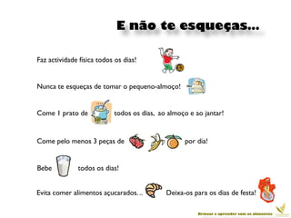 E não te esqueças…

Faz actividade física todos os dias!


Nunca te esqueças de tomar o pequeno-almoço!


Come 1 prato de            todos os dias, ao almoço e ao jantar!


Come pelo menos 3 peças de                        por dia!


Bebe          todos os dias!


Evita comer alimentos açucarados. ..        Deixa-os para os dias de festa!

                                                       Brincar e aprender com os alimentos
 