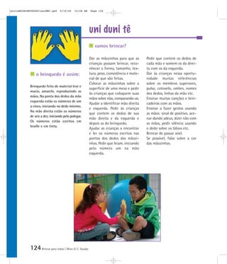 124Brincar para todos | Mara O. C. Siaulys
uni duni tê
Dar as mãozinhas para que as
crianças possam brincar, reco-
nhecer a forma, tamanho, tex-
tura, peso, consistência e mate-
rial de que são feitas.
Colocar as mãozinhas sobre a
superfície de uma mesa e pedir
às crianças que coloquem suas
mãos sobre elas, comparando-as.
Ajudar a identificar mão direita
e esquerda. Pedir às crianças
que contem os dedos de sua
mão direita e da esquerda e
depois as do brinquedo.
Ajudar as crianças a encontrar
e ler os números escritos nas
pontas dos dedos das mãozi-
nhas. Pedir que leiam, iniciando
pelo número um na mão
esquerda.
Pedir que contem os dedos de
cada mão e somem os da direi-
ta com os da esquerda.
Dar às crianças nessa oportu-
nidade muitas referências
sobre os membros superiores,
pulso, cotovelo, ombro, nomes
dos dedos, linhas da mão etc.
Ensinar muitas canções e brin-
cadeiras com as mãos.
Ensinar a fazer gestos usando
as mãos: sinal de positivo, ace-
nar dando adeus, dizer não com
as mãos, pedir silêncio usando
o dedo sobre os lábios etc.
Brincar de passar anel.
Se possível, falar sobre a cor
das mãozinhas.
Brinquedo feito de material leve e
macio, amarelo, reproduzindo as
mãos. Na ponta dos dedos da mão
esquerda estão os números de um
a cinco, iniciando no dedo mínimo.
Na mão direita estão os números
de seis a dez, iniciando pelo polegar.
Os números estão escritos em
braille e em tinta.
vamos brincar?
o brinquedo é assim:
mioloBRINCARTODOSfinalMEC.qxd 6/16/06 10:08 AM Page 124
 