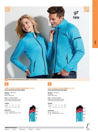 121
ASOL’S NEW LOOK WOMEN 52550 ASOL’S NEW LOOK MEN 52500
312 T
145 T
320 T
=TWINT
=TWINT
312 T
145 T
320 T
CASACO COM MANGA RAGLÃ PARA SENHORA
QUALIDADE — POLIESTER 250
100% poliéster
Malha escovada no interior
ESTILO — DESPORTIVO E MODERNO
Frente e bolsos com fechos pretos em contraste
Cordões de aperto na parte inferior do artigo
TAMANHOS
A/B
S M L XL
63/47 65/50 67/53 69/56
EMBALAMENTO
1 20
peso/caixa: 9 kg
dimensões/caixa: 61 x 41 x 42 cm
CASACO COM MANGA RAGLÃ PARA HOMEM
QUALIDADE — POLIESTER 250
100% poliéster
Malha escovada no interior
ESTILO — DESPORTIVO E MODERNO
Frente e bolsos com fechos pretos em contraste
Cordões de aperto na parte inferior do artigo
TAMANHOS
A/B
S M L XL XXL
67/50 69/53 71/56 73/59 75/62
EMBALAMENTO
1 20
peso/caixa: 10 kg
dimensões/caixa: 61 x 41 x 42 cm
POLARES
ESOFTSHELLS
145Vermelho 312 Preto 318 Azul marinho 320Turquesa 396 Castanho
REFERÊNCIAS DAS CORES SOL’S
MALHA ESCOvADA INTERIOR PARA MAIOR CONFORTO - 100% POLIéSTER
 